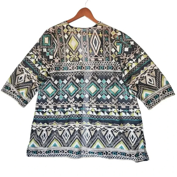 Catherine Top Women's Black Green 3/4 Sleeve Aztec Pattern Kimono Embroidered - Picture 3 of 11